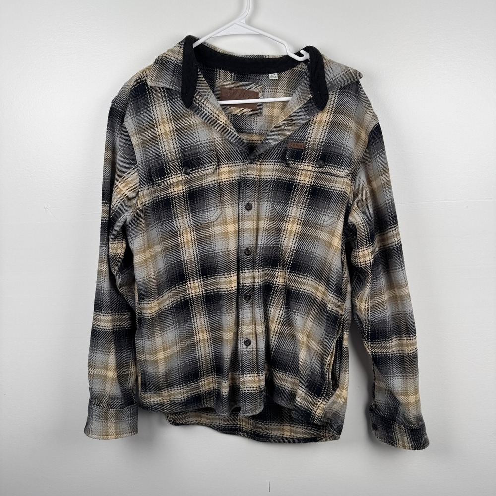 Orvis Shirt Mens Medium Gray Tan Black Plaid Flannel Button Up Outdoor Casual